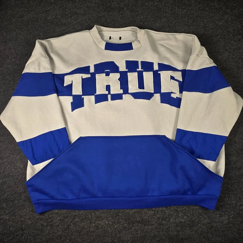 Y2K True Religion Men's Blue White Colorblock Oversized Sweatshirt Size XXL